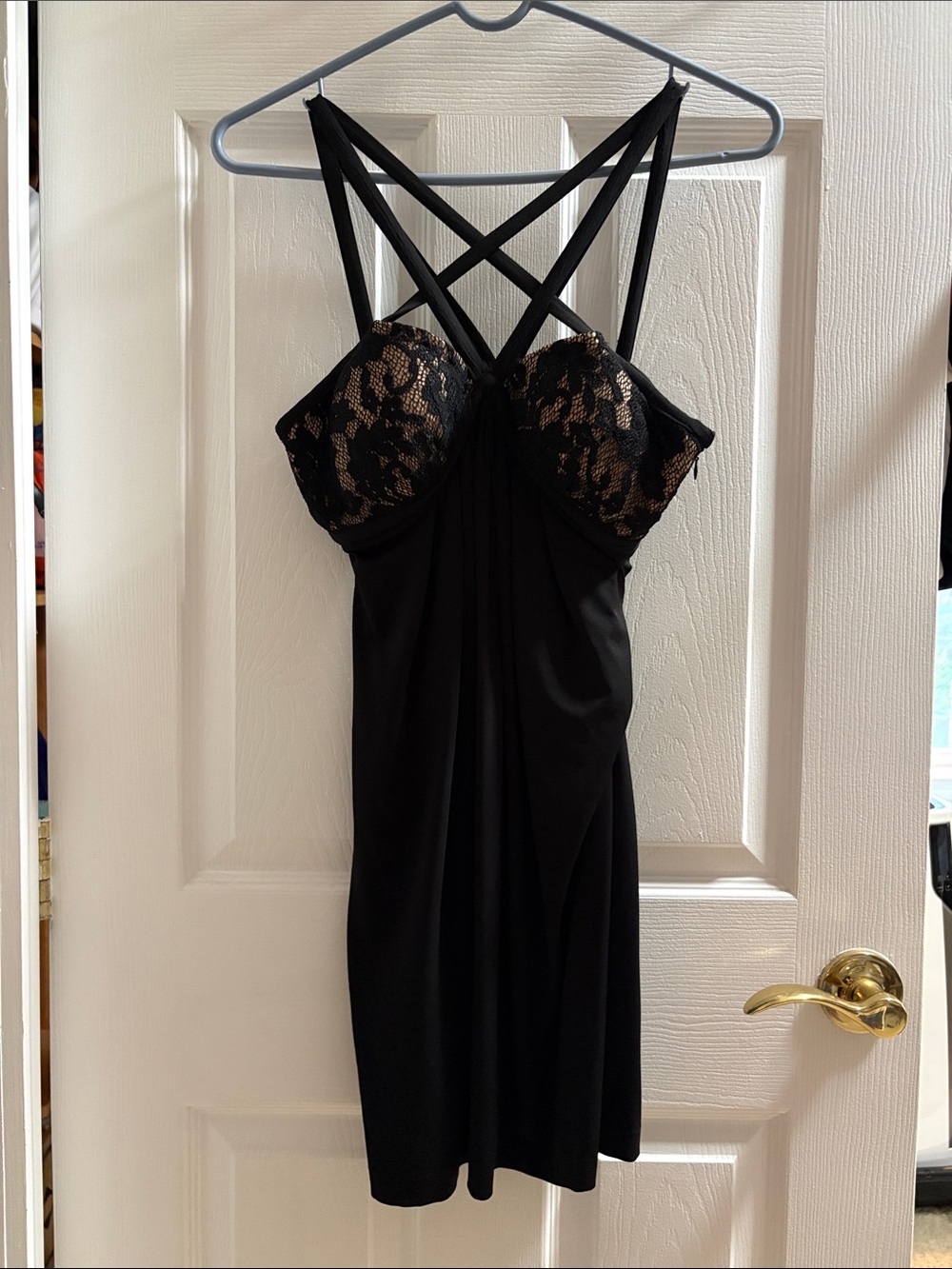 Maggy London Black Chemise with Gold Lace Cups and Strappy Back